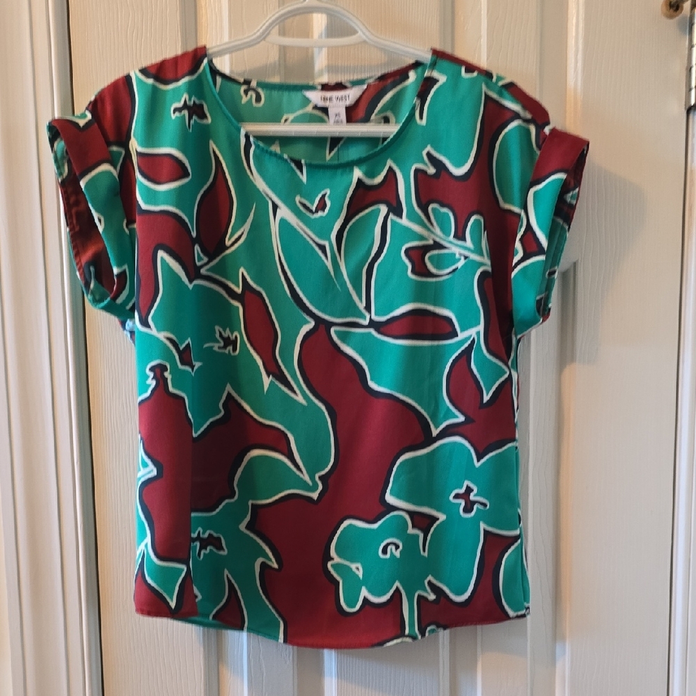 NINE WEST BRAND WOMEN'S GREEN & BROWN SHORT SLEEVE "SILKY TEE" TOP SIZE XS